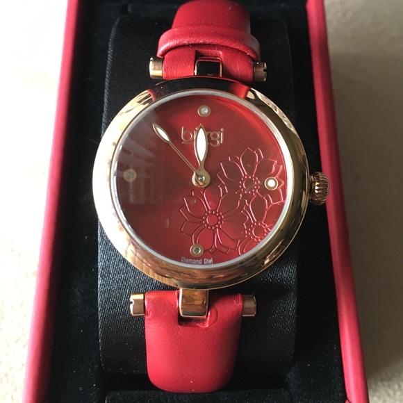 BURGI NIB AUTHENTIC WATCH DIAMOND MARKER GENUINE RED LEATHER WATCH - Picture 1 of 6
